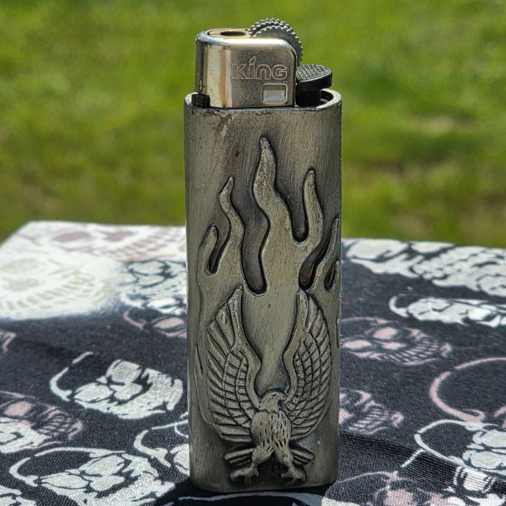 Vintage Mystic Pewter Lighter Holder Case Rising Phoenix